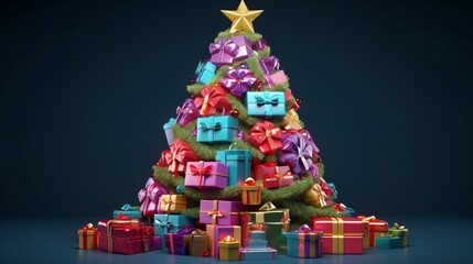 Christmas tree comprised of brightly colored gifts and presents. Lay flat. holiday idea.