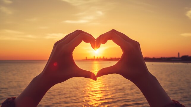 A romantic picture of hands forming a heart shape against a sunrise sky, representing love and tenderness.