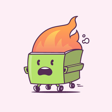 Dumpster on fire. Cartoon kawaii character vector illustration