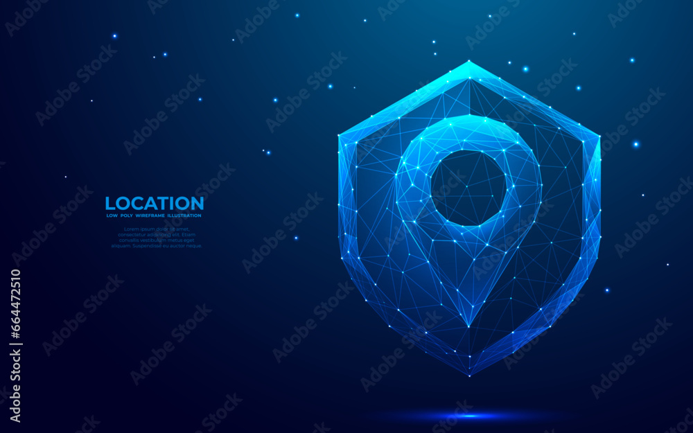 Poster digital pin on abstract shield. gps protection concept. technology location pin in futuristic low po
