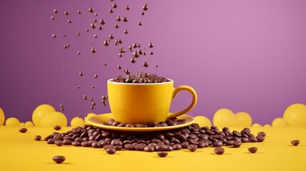 Coffee beans with a purple cup and a yellow background and a rainy cloud shape. weather idea.