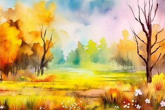Vivid watercolor of spring landscape. Bright morning colors over picturesque meadow. Seasonal background. Horizontal wall art. Generative AI
