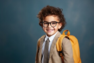 A joyful little boy smiles at the camera. A student with a backpack goes to school.