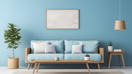 modern living room with sofa cushions and blue background  - obrazy, fototapety, plakaty