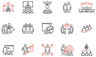 Vector set of linear icons related to human resource management, relationship, business leadership, teamwork, cooperation and personal development. Infographics design elements - part 1 