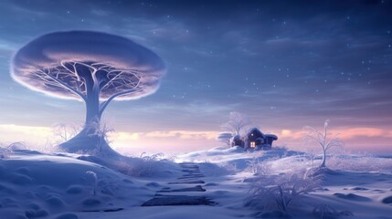 Moonlit winter night somewhere in the countryside of fabulous snowy fields with a house and a tree in the shape of a mushroom