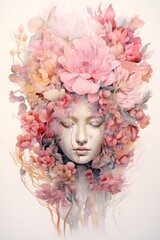 Face of a woman with a floral wreath on her head.