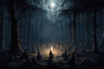 A mystical forest with ancient druids performing a moonlight ritual.