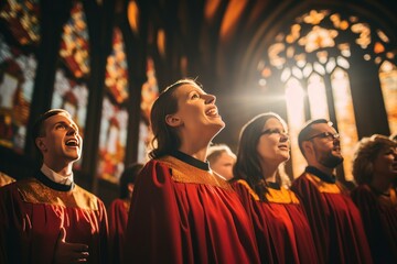 A serene church choir harmonizing hymns beneath a giant stained glass window. - obrazy, fototapety, plakaty