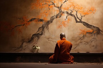 A serene monk painting symbols of peace on temple walls. - obrazy, fototapety, plakaty
