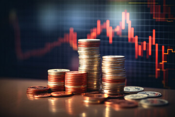 Stacked coins or bitcoins with a graph of the stock market in background. Financial concept background.