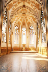 Fototapeta premium Inside of a gothic cathedral with wooden floor and carved stone