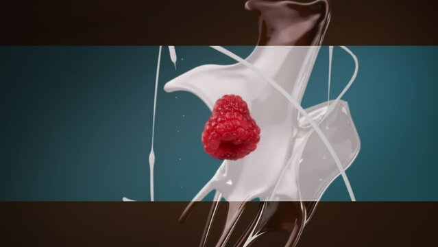 Chocolate raspberry and milk horizontal split screen splashing and falling in slow motion