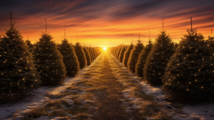 Winter Twilight Over a Christmas Tree Plantation: Majestic Scenery in Golden Light - obrazy, fototapety, plakaty