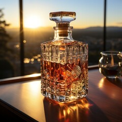 Decorative alcohol, liquor decanter displayed on table next to window