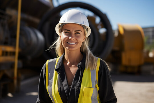 portrait of smiling blond female engineer on site wearing hard hat, high vis vest, and ppe	