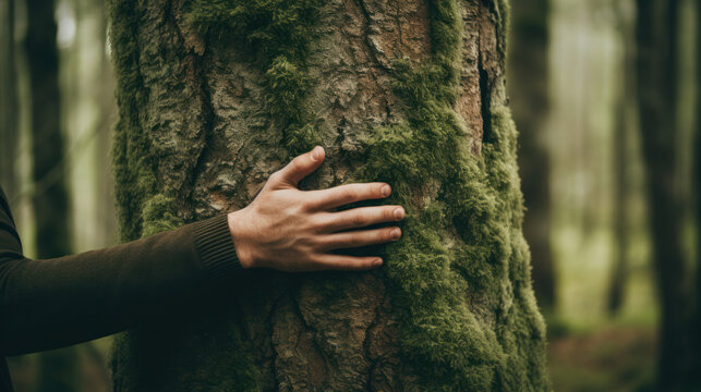 Veganism and Nature Love: A White Man's Hand Caressing a Green Tree Trunk, Symbolizing Environmental Consciousness and Sustainability