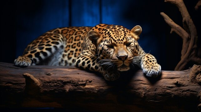 a picture of a leopard napping on a log with a dark background .