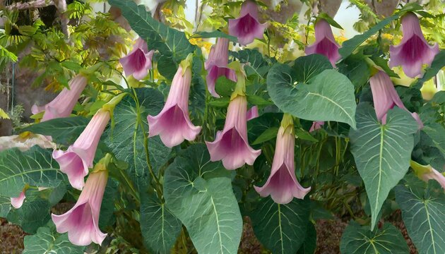 Angel's trumpets with pink flowers and velvety, greyish-green leaves as ornamental plant in a tropical garden