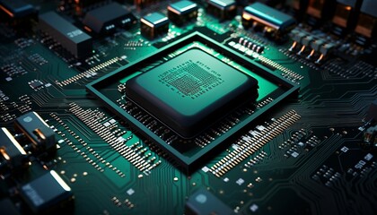 Fototapeta premium Processor microchip component circuit board chip electronic computer hardware technology semiconductor