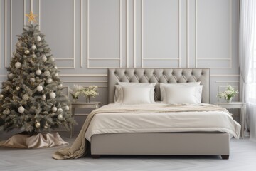Christmas modern bedroom in white, gray and golden color with Christmas tree and gray wall as mock up. Luxury hotel for winter holiday weekend. Interior design