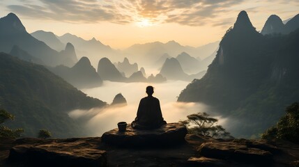 A person meditating on a mountain, finding serenity and spiritual healing in nature, Created with Generative AI Technology - obrazy, fototapety, plakaty