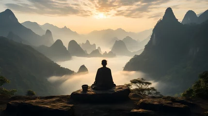 Foto op Canvas A person meditating on a mountain, finding serenity and spiritual healing in nature, Created with Generative AI Technology © MindShiftMasteryHub