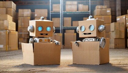Two cute smiling square headed robots with blue eyes sitting in cardboard boxes inside a warehouse smiling