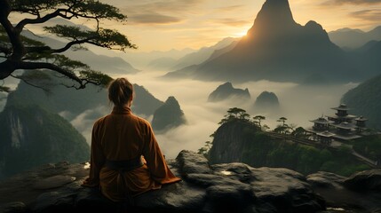 A woman finding peace and tranquility while gazing at majestic mountains, showcasing emotional and spiritual healing, Created with Generative AI Technology