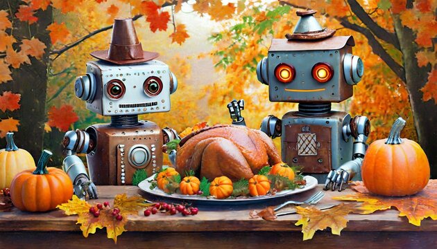 Two awkward rusty old retro robots standing behind table covered with Thanksgiving turkey dinner surrounded by orange pumpkins and autumn leaves outside