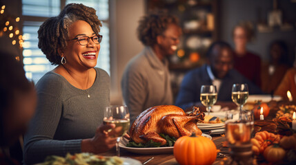 An elderly African-American woman joyously carries a plump, stuffed turkey to the dining table during Thanksgiving with her family. - obrazy, fototapety, plakaty