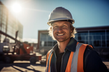 portrait of smiling male engineer on site wearing hard hat in sunshine, high vis vest, and ppe	