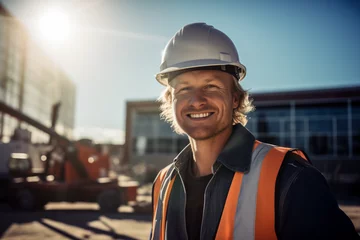 Fotobehang portrait of smiling male engineer on site wearing hard hat in sunshine, high vis vest, and ppe  © Ricky