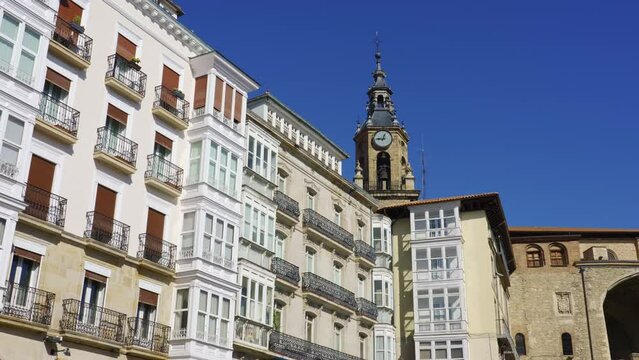 Facades of picturesque buildings in the Plaza Virgen Blanca in Vitoria, Basque Country, Spain.
