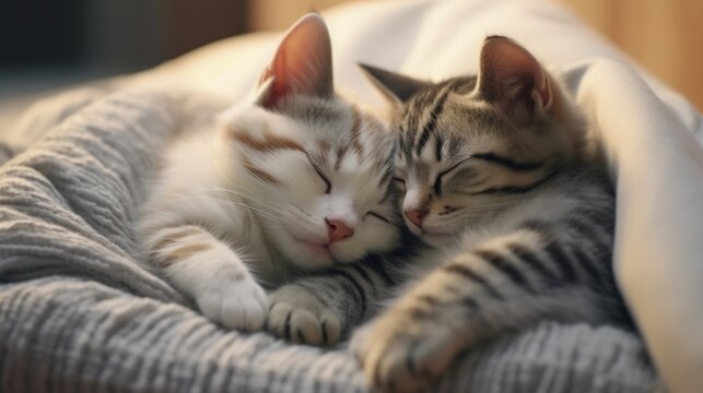 Cute kitties in love sleeping together on a gray, cozy knit blanket.