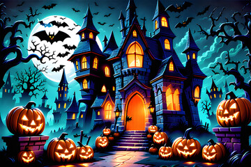 Fototapeta na wymiar halloween background with pumpkin and bats