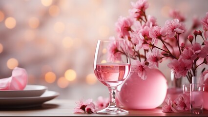 bouquet of tulips and cup of wine on the dinner table - obrazy, fototapety, plakaty