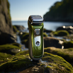 Electric razor shaver green displayed on mossy rocks next to beach ocean