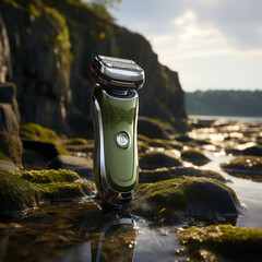 Electric razor shaver green displayed on mossy rocks next to beach ocean