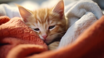 Cute red kitten cuddles up with a white blanket.