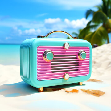 Radio device on an sandy sea beach. Teal & pink colored radio on the sand near the ocean water. Aquamarine & red radio near a palm tree on a empty desert island. Turquoise & purple radio station.
