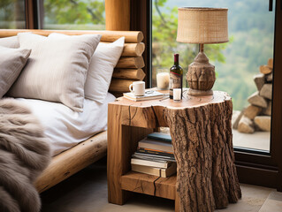A modern bedroom with farmhouse interior design includes a rustic wooden log bedside table near the bed.