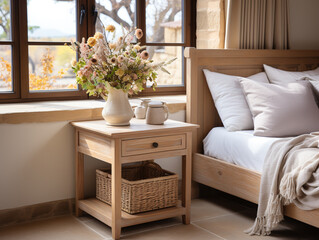modern bedroom with French country interior design, you'll discover a wooden bedside cabinet next to a bed dressed in beige bedding.