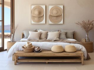 Fototapeta na wymiar In a country house with modern boho interior design, you'll find a bench near a bed featuring a wicker headboard in beige.