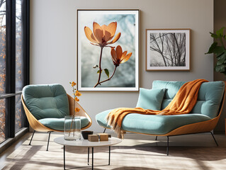 Gray lounge chair near teal sofa against wall with big art poster. Mid-century style home interior design of modern living room.
