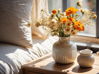 modern bedroom with French country interior design features a vase of flowers on the bedside cabinet.