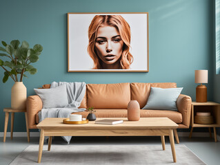 n a modern living room with Scandinavian interior design, a wood coffee table sits near a cozy sofa against a blue wall adorned with a poster.