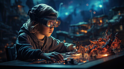 Fototapeta na wymiar child wearing VR Glasses play game