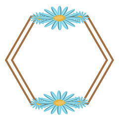 Hexagon floral wreath vector image, blue flower border illustration, isolated on white background