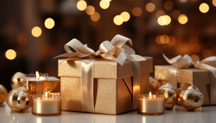 verpackte Geschenkboxen vor winterlichem Hintergrund, wrapped gift boxes against winter background